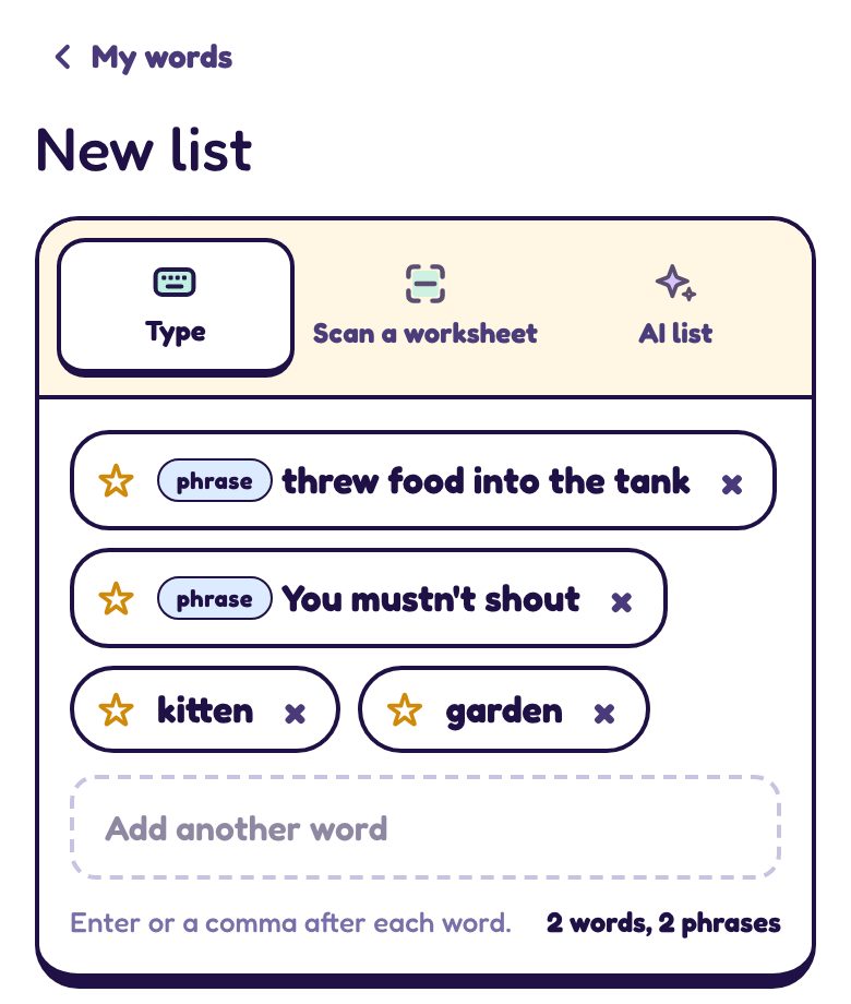 The list builder with two phrases, each with a phrase tag, and two single words