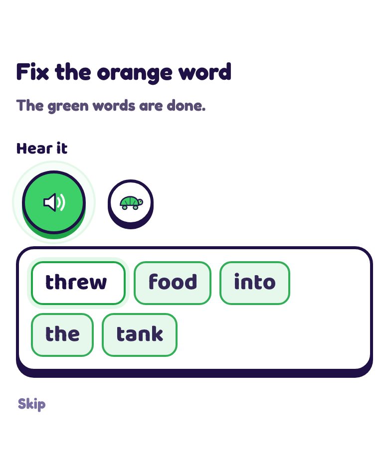 The fix step: the green words stay, the corrected word is typed in its place