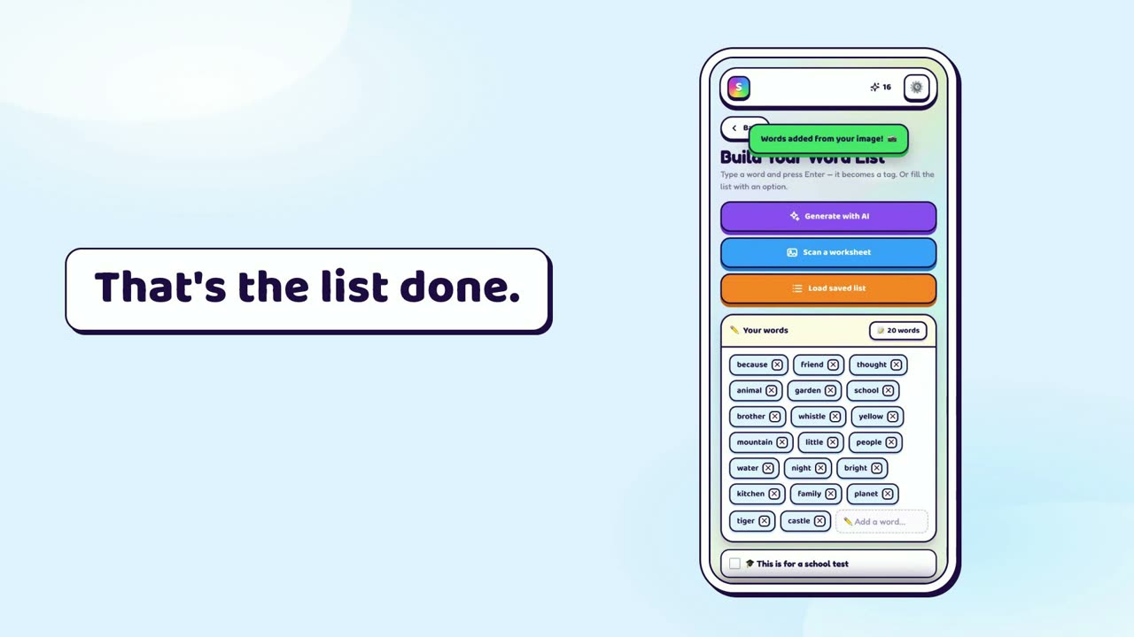 The Spelly word-list builder showing twenty words read from a photographed worksheet