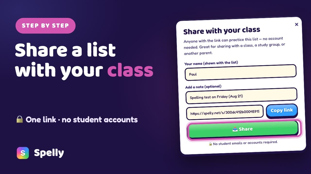 A shared Spelly list opening on a phone from a QR code on the board