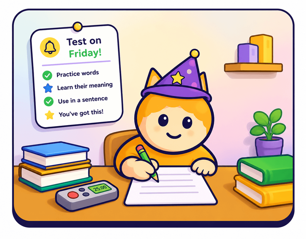 Spelly's wizard-fox mascot practicing spelling at a desk, with a 'Test on Friday' checklist